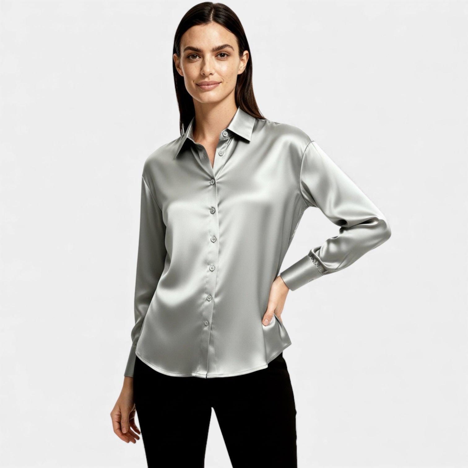 Blouse satinée à boutons pour femmes – chemise à manches longues au toucher soyeux
