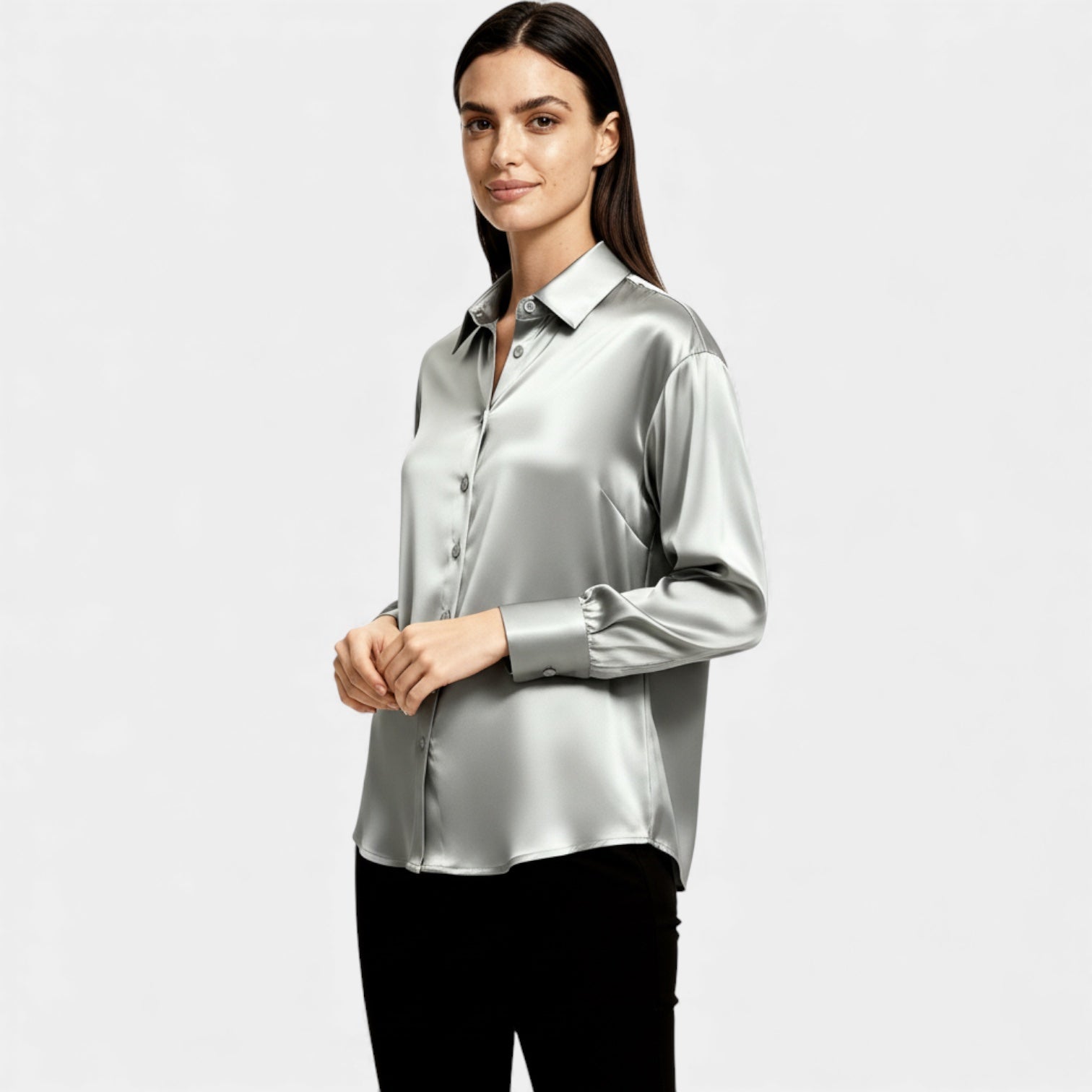 Blouse satinée à boutons pour femmes – chemise à manches longues au toucher soyeux