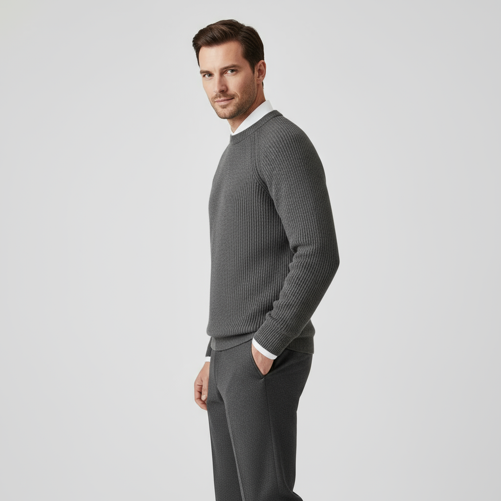 Pull homme en mérinos à col rond – manches raglan, maille côtelée