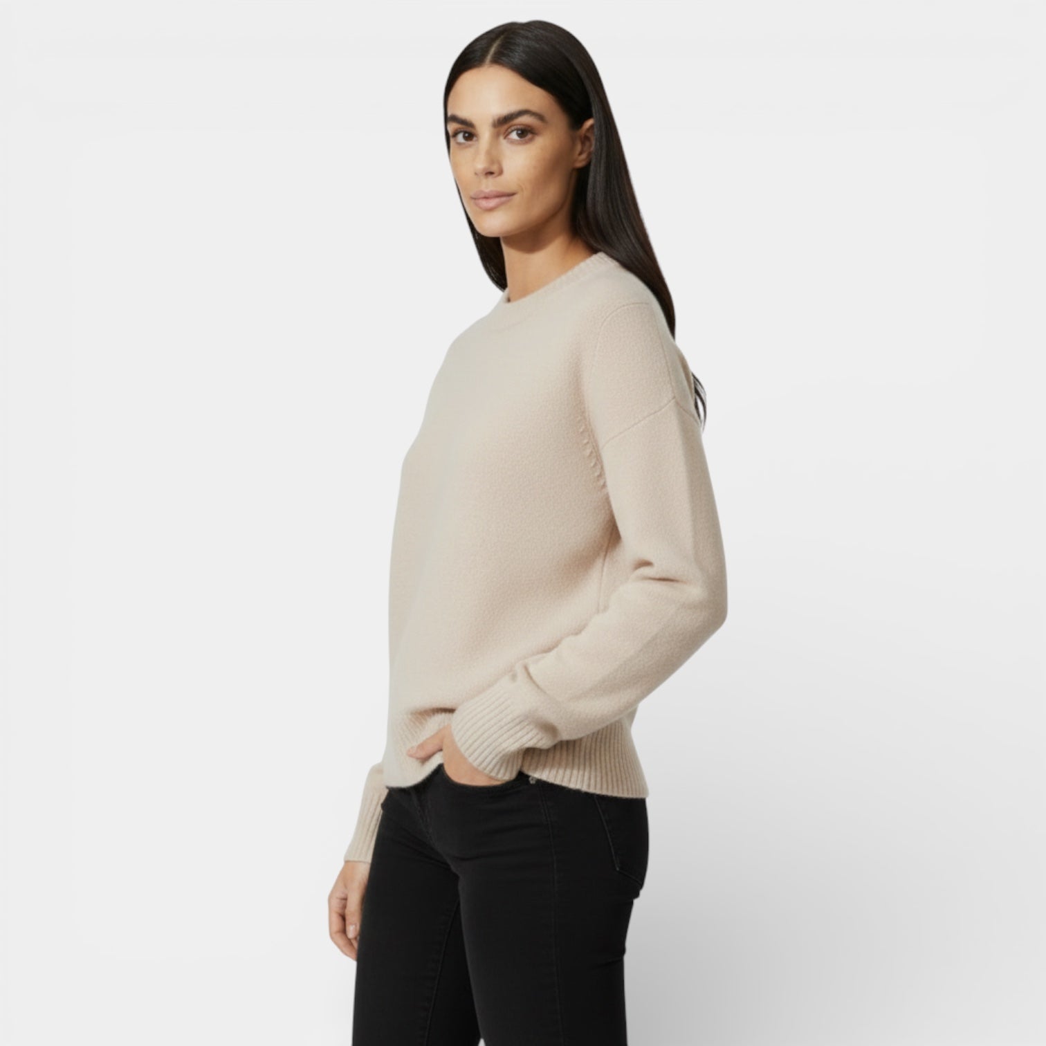 Pull femme en mélange de laine, col rond, coupe décontractée