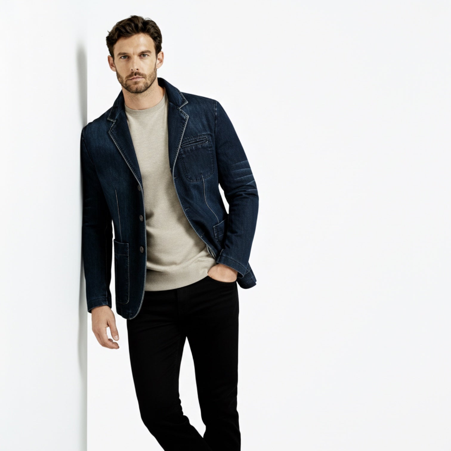 Blazer en denim décontracté pour homme – manteau long sur mesure