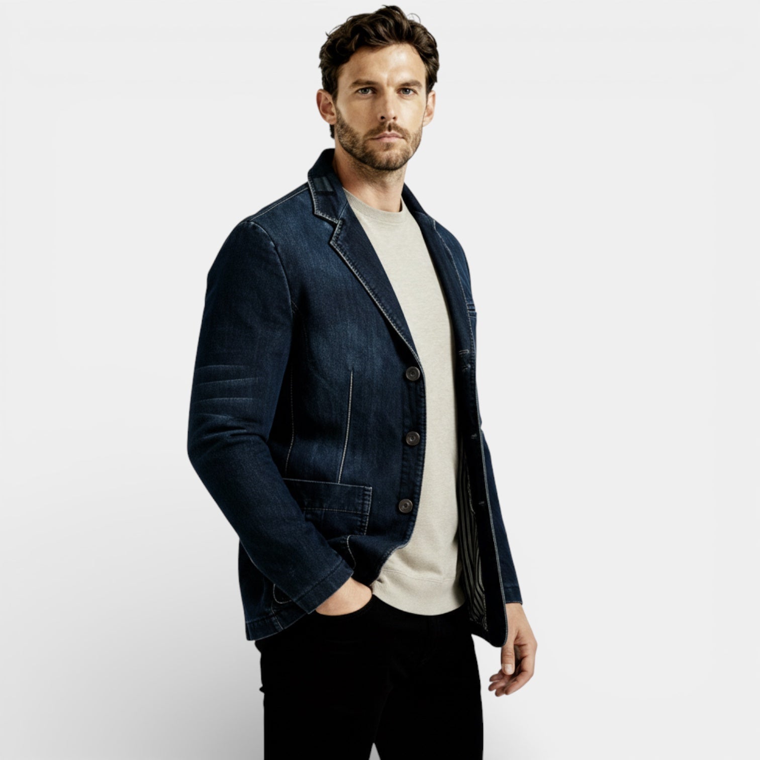 Blazer en denim décontracté pour homme – manteau long sur mesure