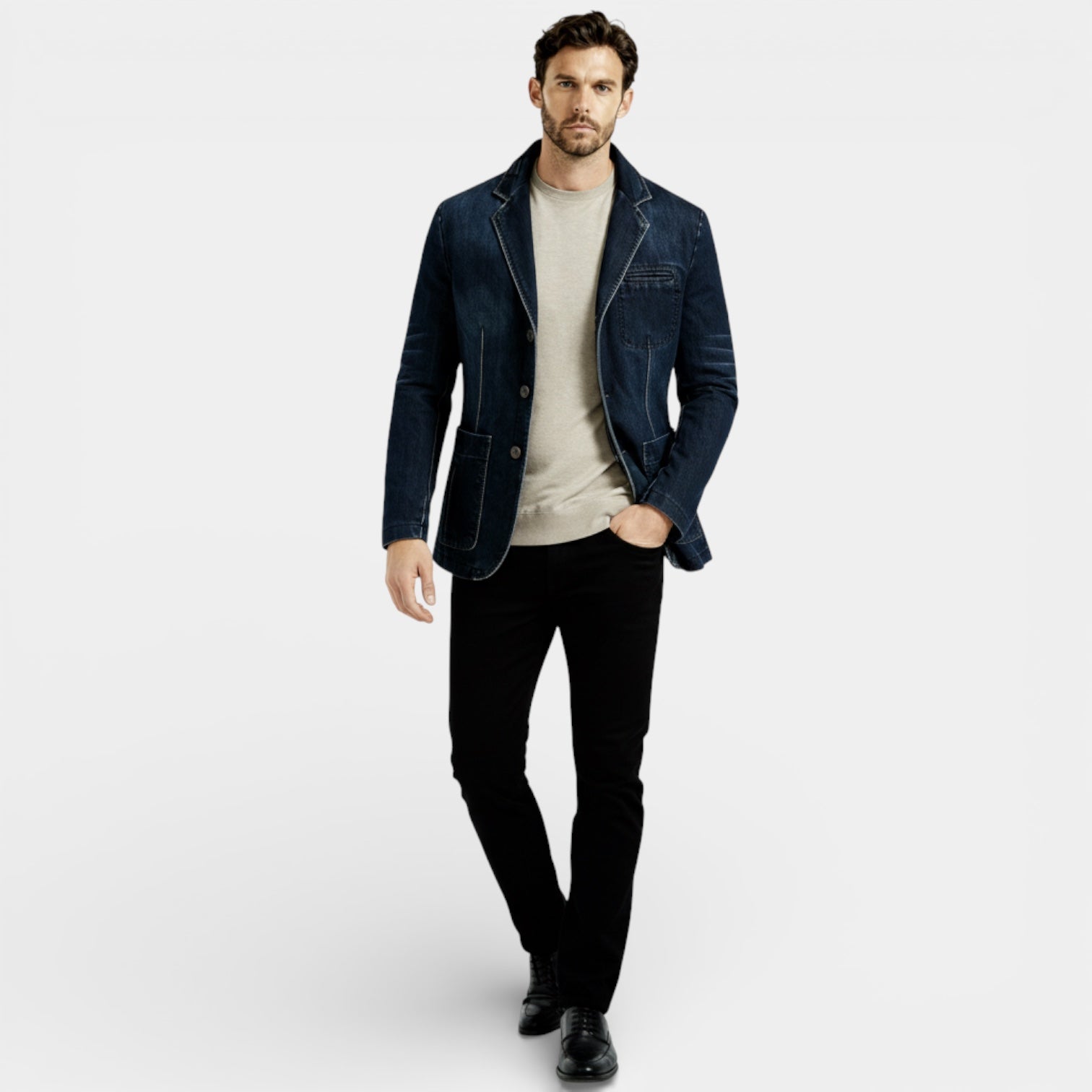 Blazer en denim décontracté pour homme – manteau long sur mesure