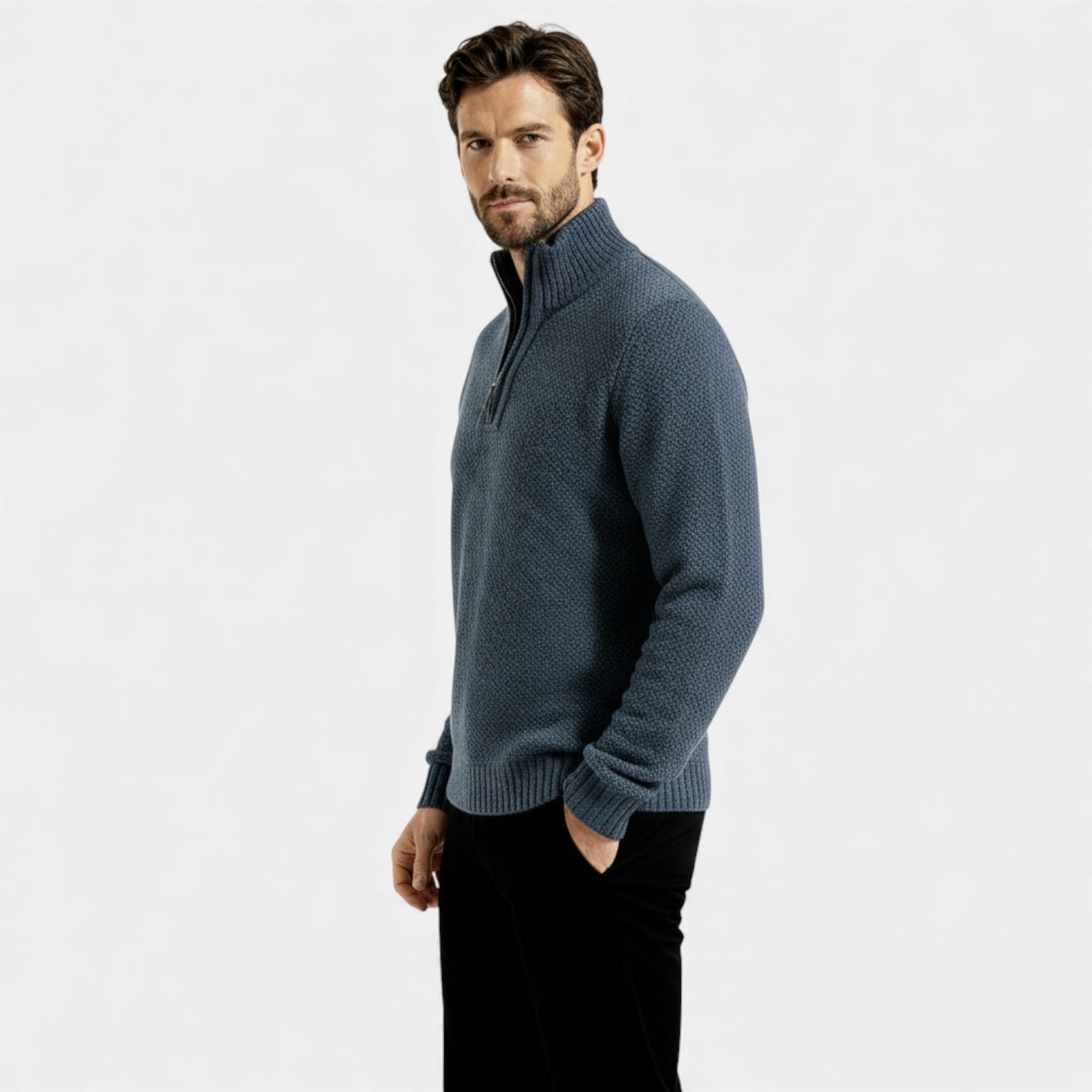 Pull homme en polaire texturée tricotée à fermeture éclair 1/4 — col montant