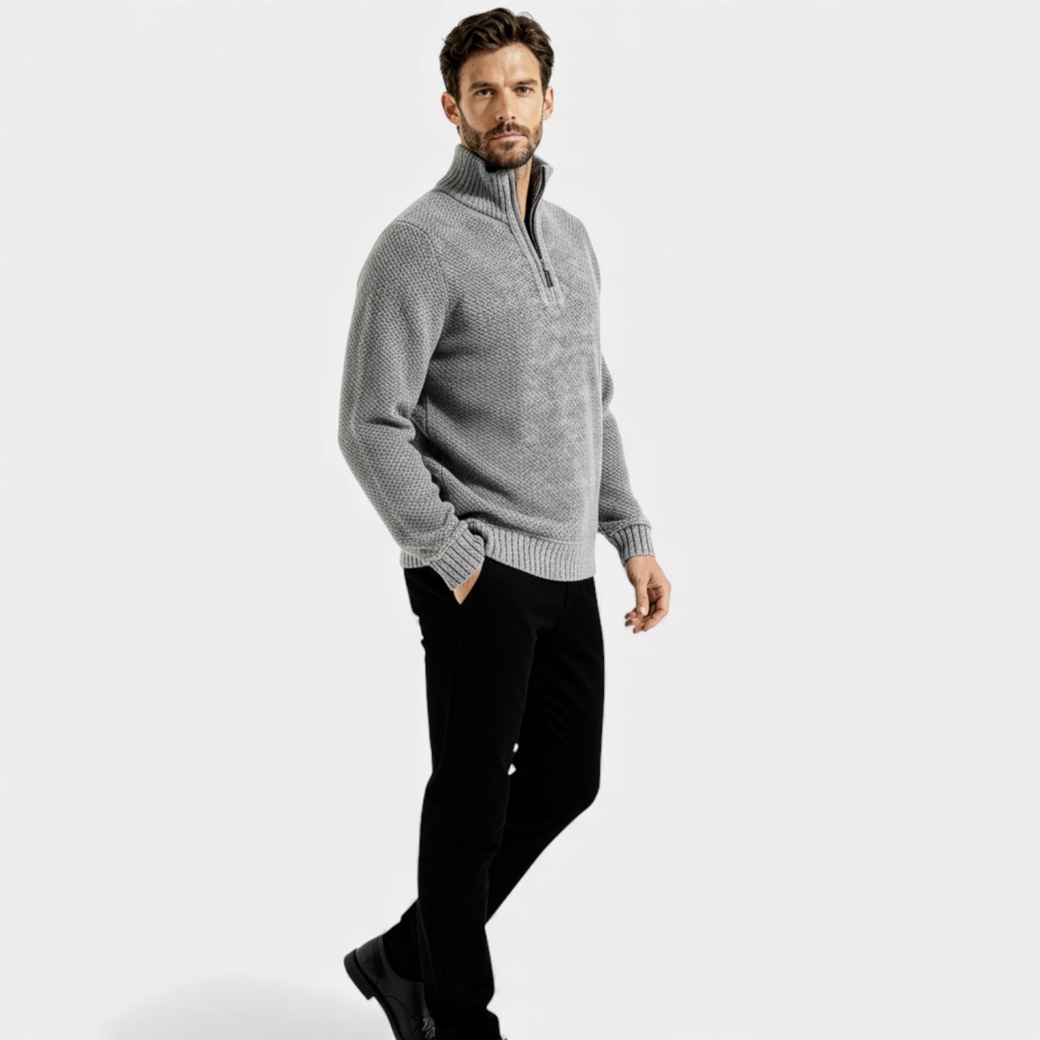 Pull homme en polaire texturée tricotée à fermeture éclair 1/4 — col montant