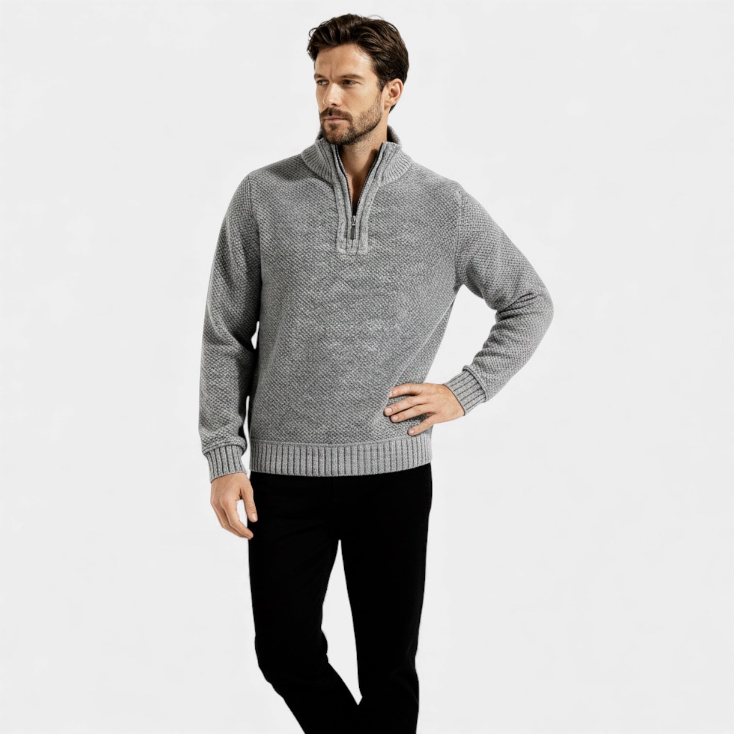 Pull homme en polaire texturée tricotée à fermeture éclair 1/4 — col montant