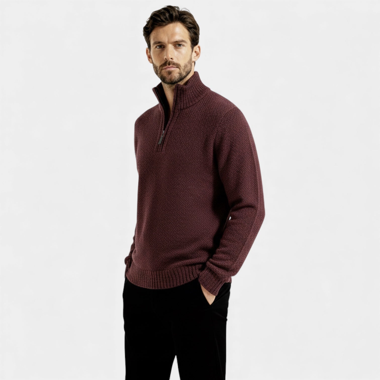 Pull homme en polaire texturée tricotée à fermeture éclair 1/4 — col montant
