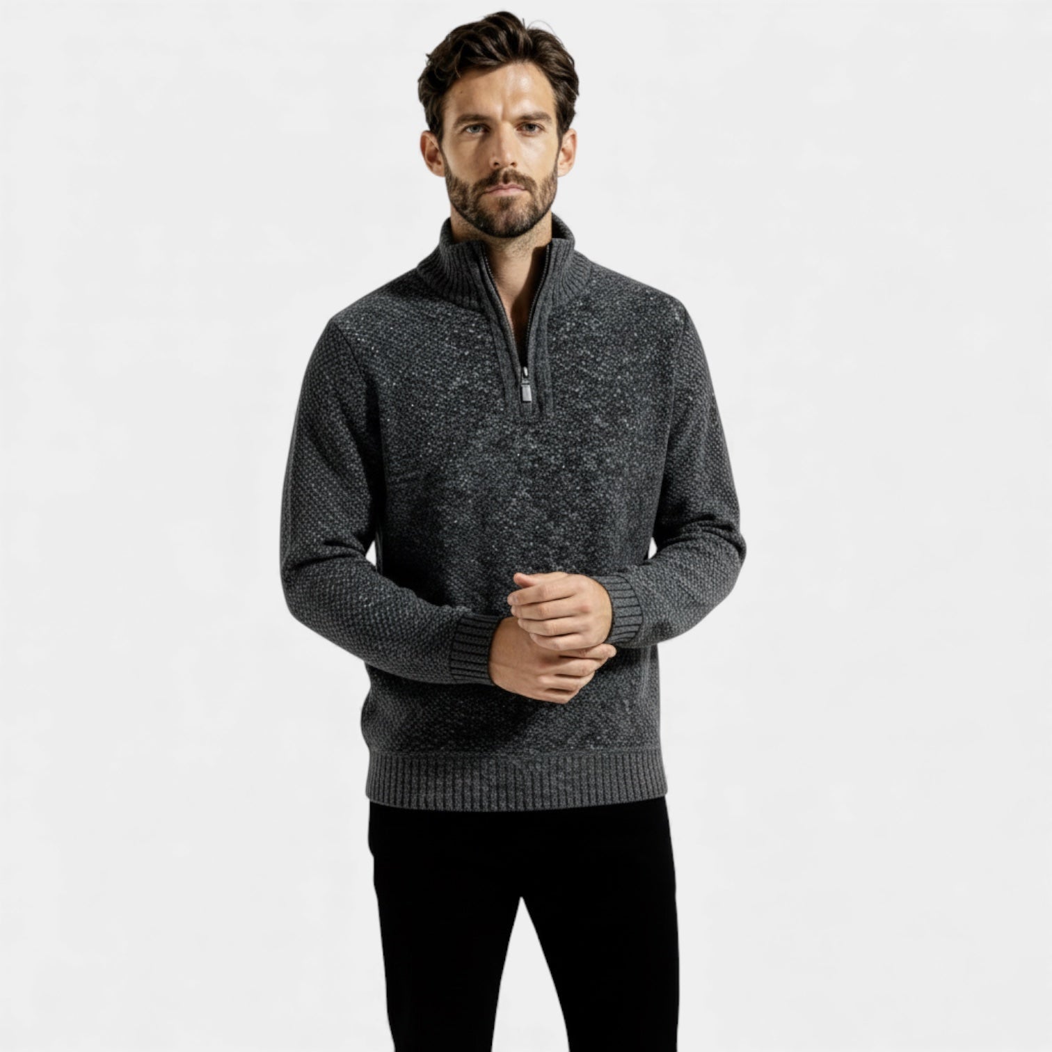 Pull homme en polaire texturée tricotée à fermeture éclair 1/4 — col montant