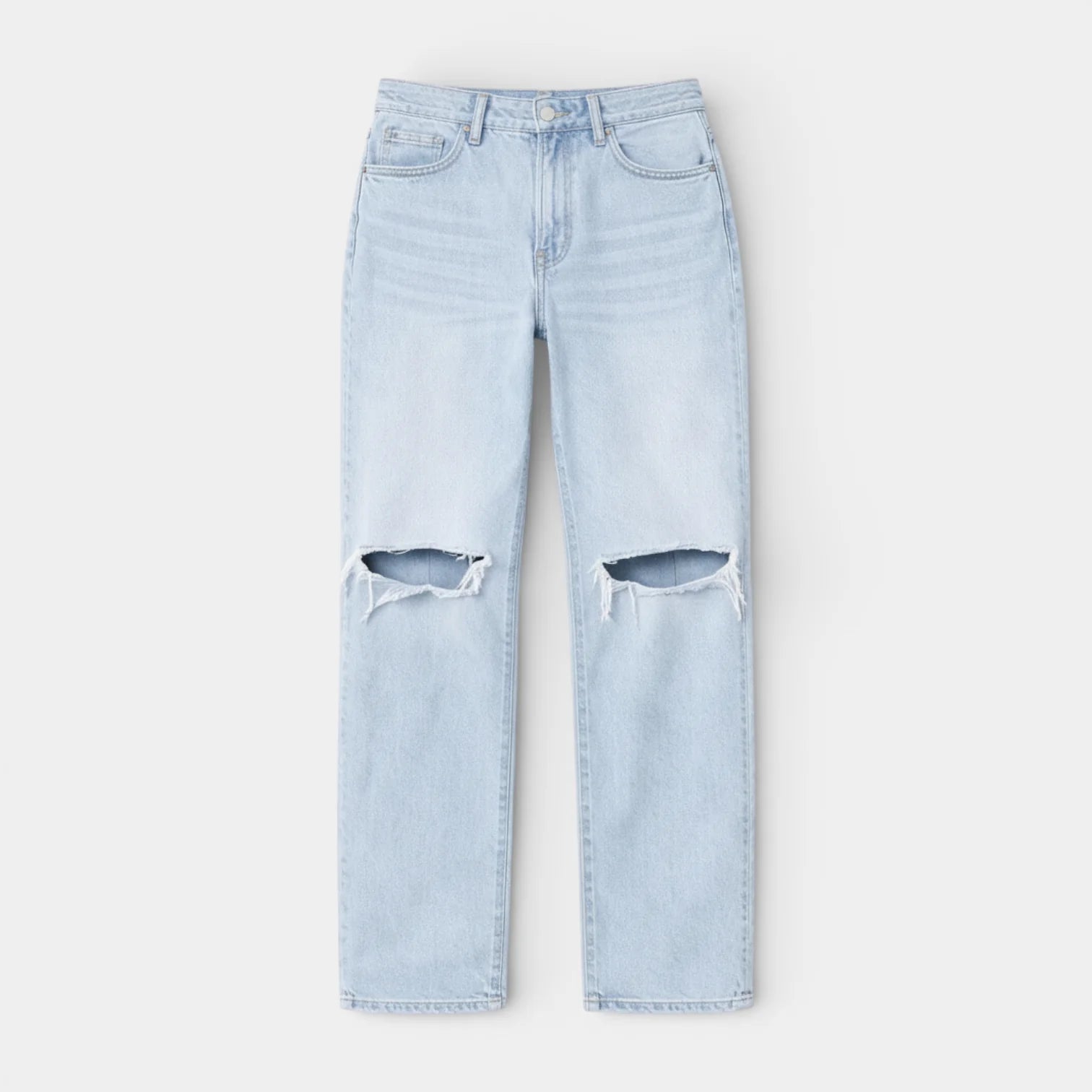 Jean droit pour femmes, délavé, genoux usés, coupe décontractée