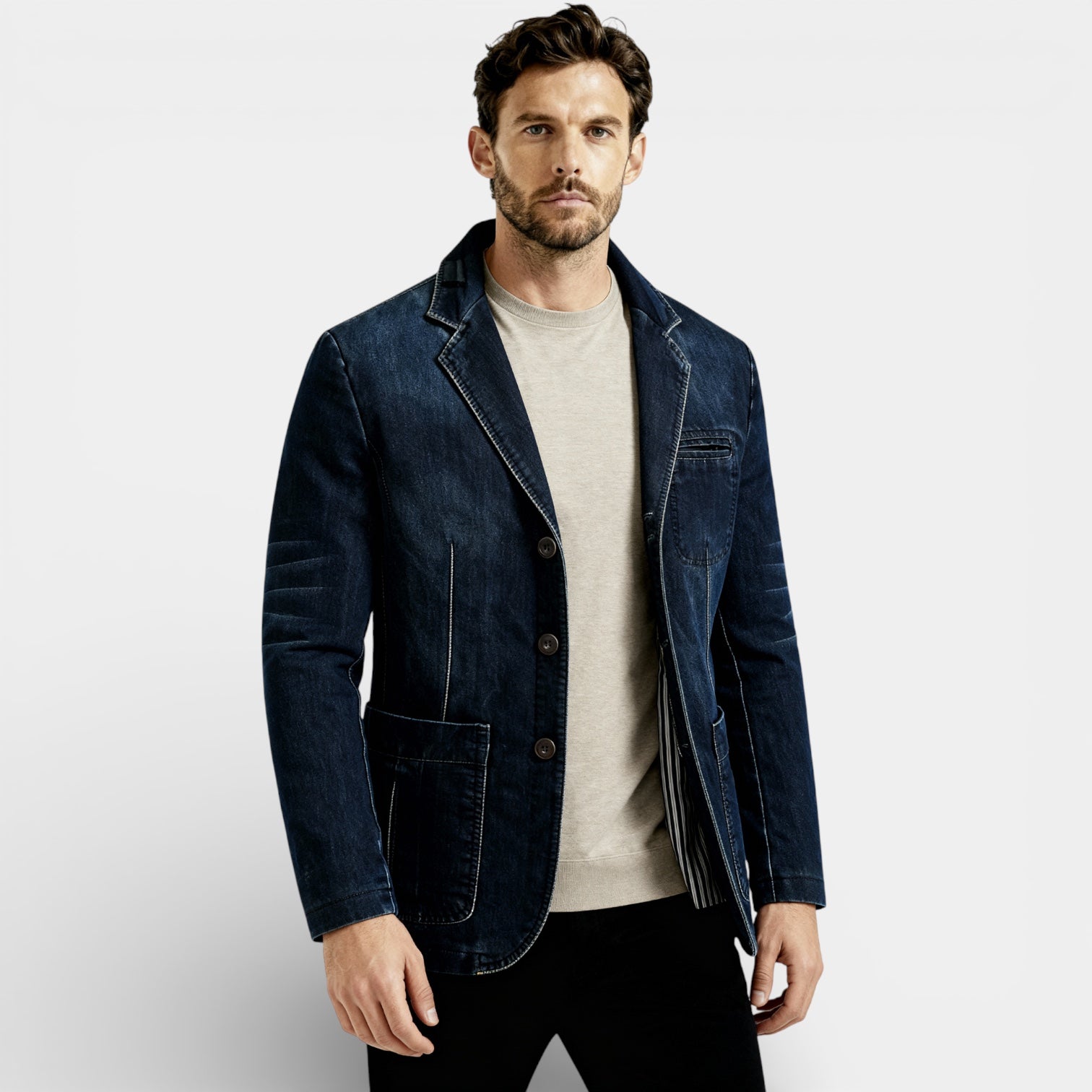 Blazer en denim décontracté pour homme – manteau long sur mesure