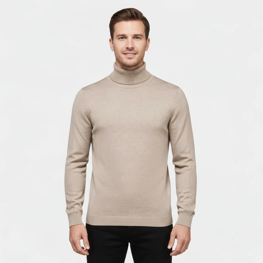Pull homme en coton mélangé à côtes, col roulé – coupe slim en maille avec stretch