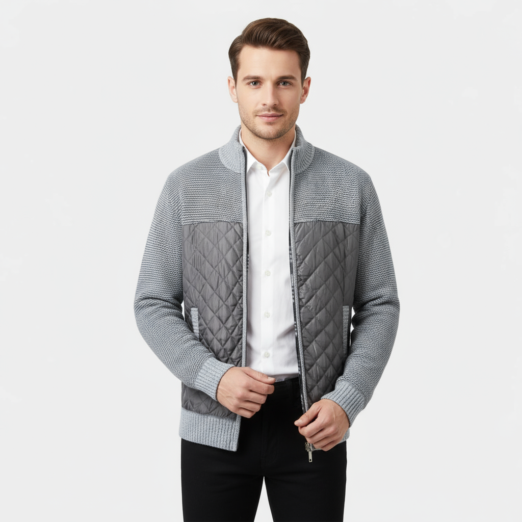 Veste hybride matelassée en tricot pour homme – veste zippée en nylon et tricot marbré