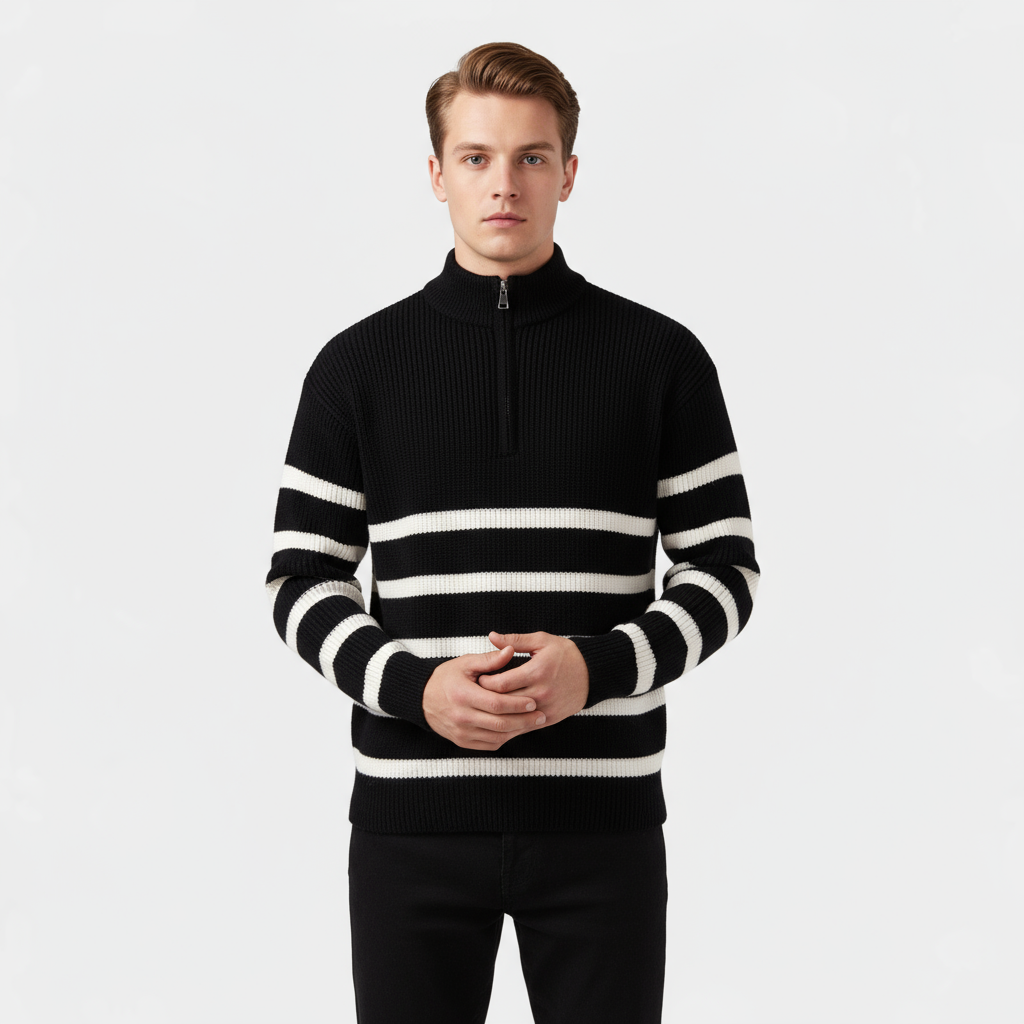 Pull rayé pour homme à fermeture éclair demi-zip en maille côtelée