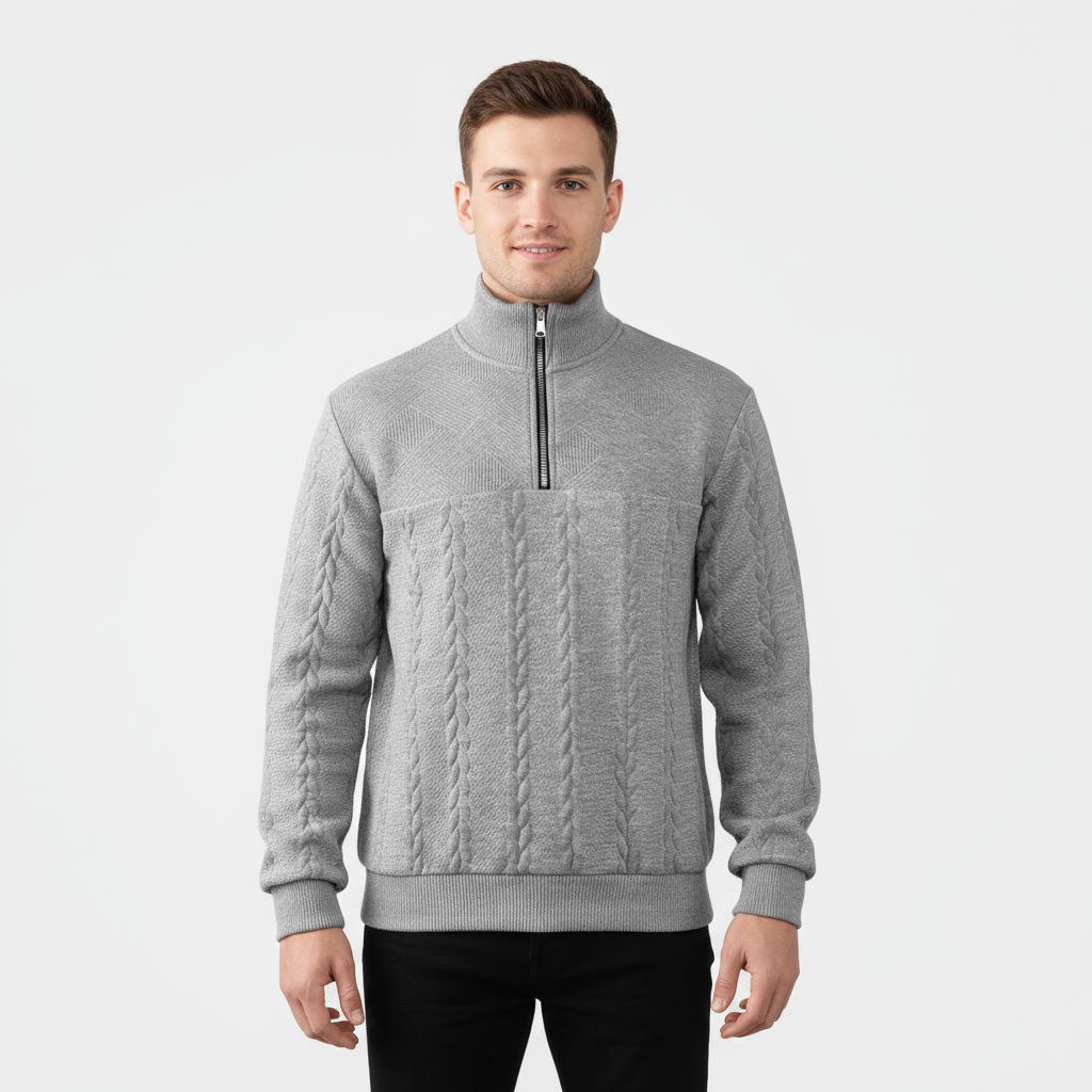 Pull homme en laine mérinos à maille torsadée et zip demi-longueur