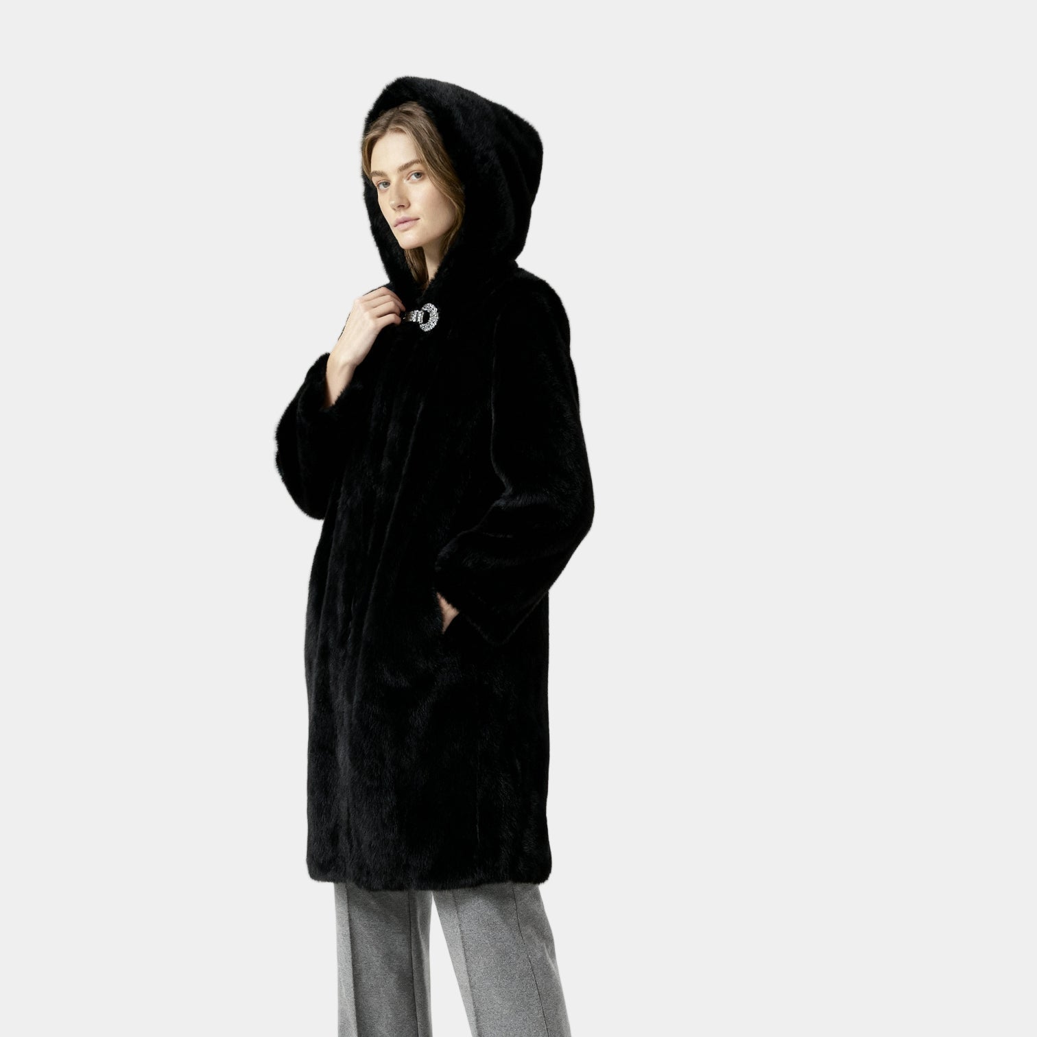 Manteau long en fausse fourrure de vison pour femmes à capuche