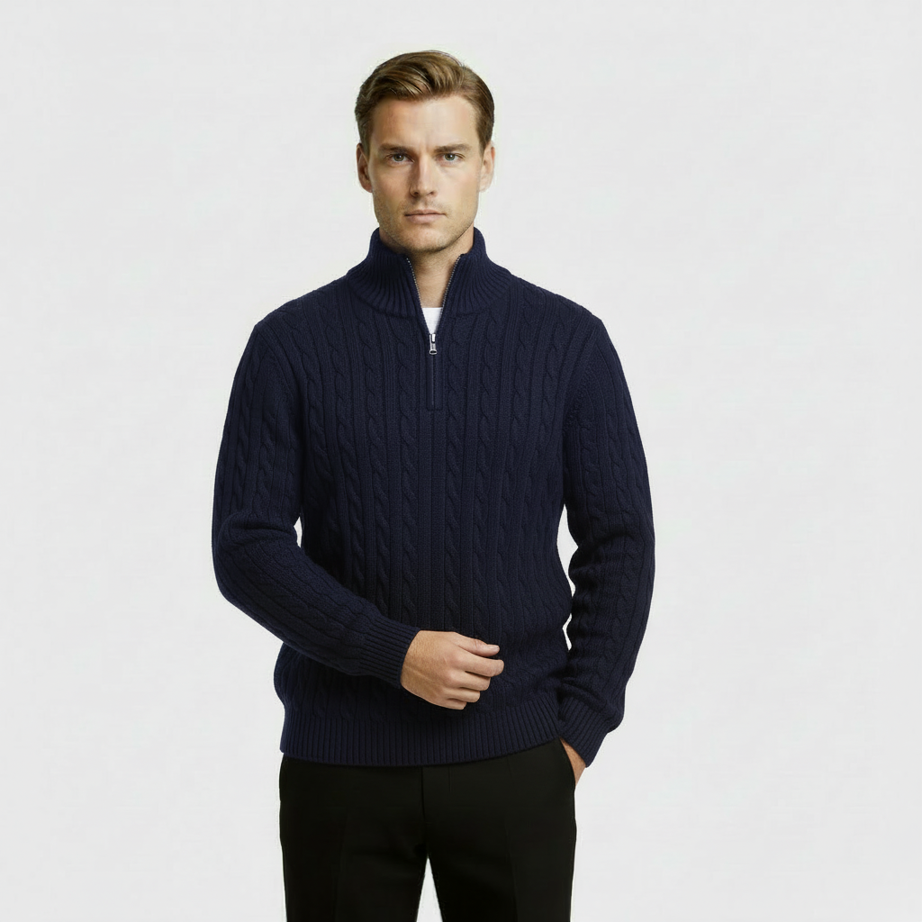 Pull pour homme en maille torsadée à zip demi-longueur