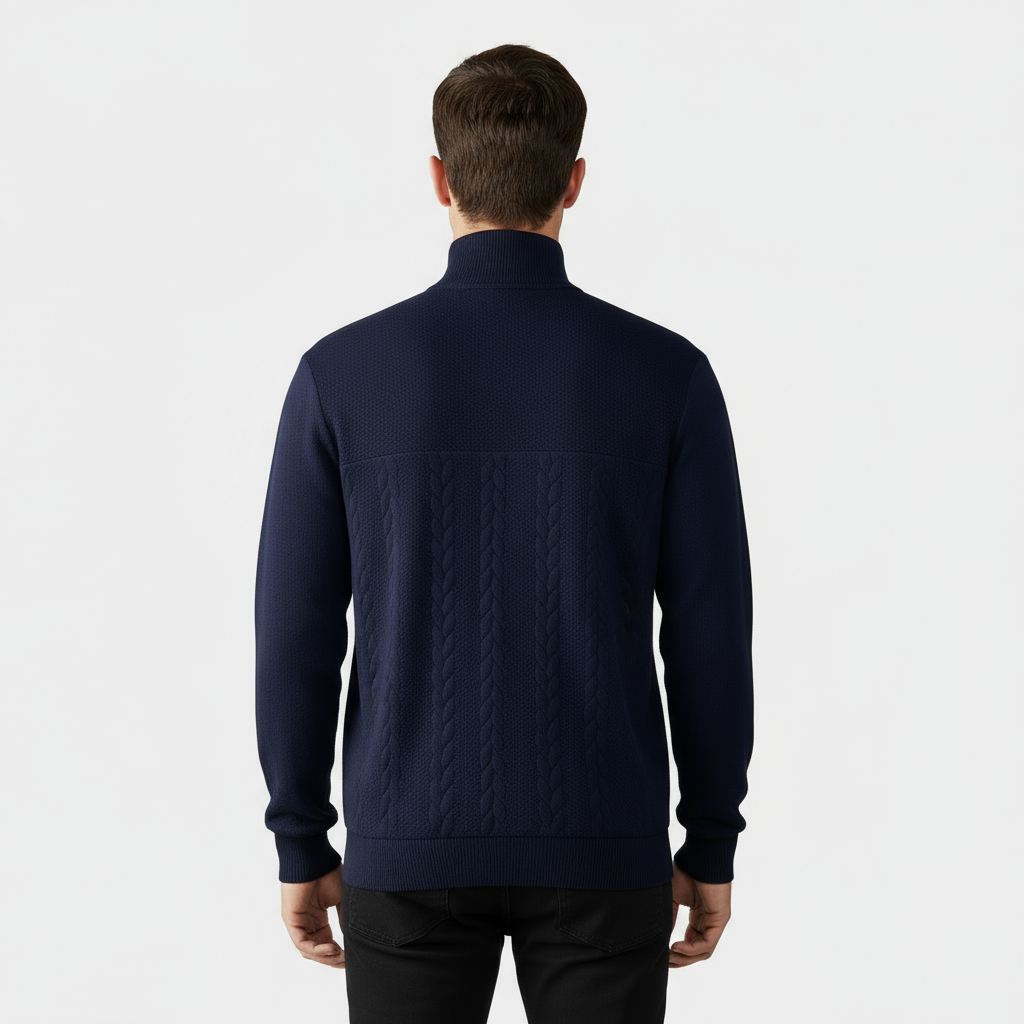 Pull homme en laine mérinos à maille torsadée et zip demi-longueur