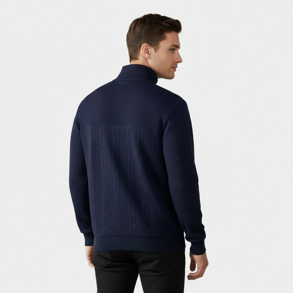 Pull homme en laine mérinos à torsades et zip demi-longueur