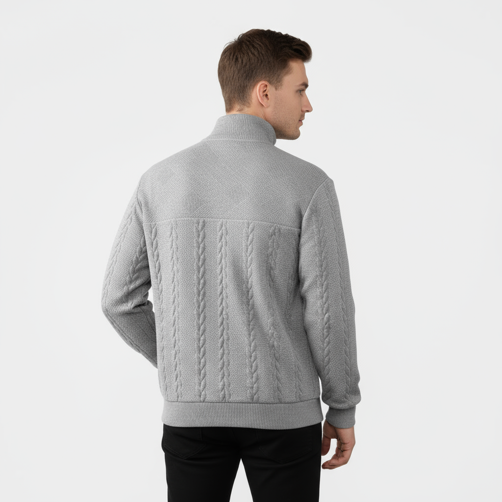 Pull homme en laine mérinos à maille torsadée et zip demi-longueur