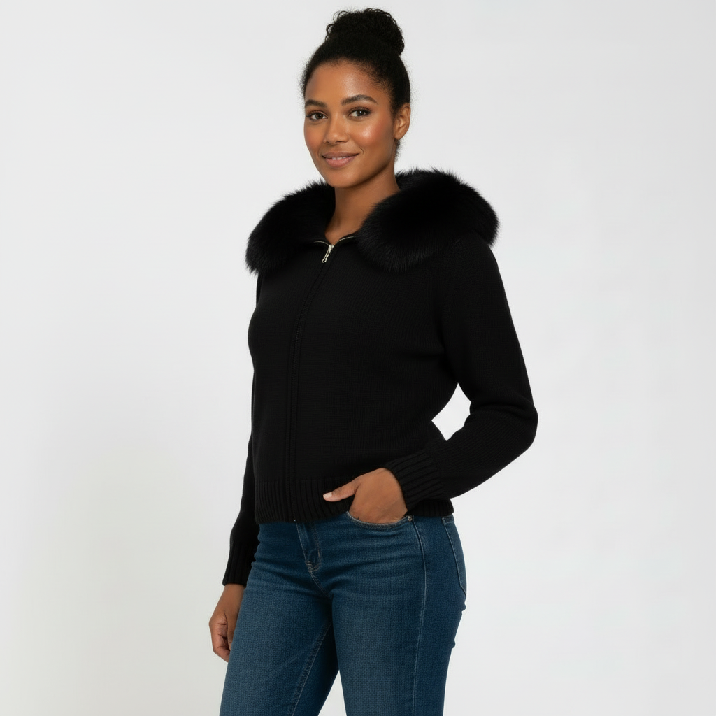 Cardigan zippé à capuche en fausse fourrure pour femmes – veste en maille douce