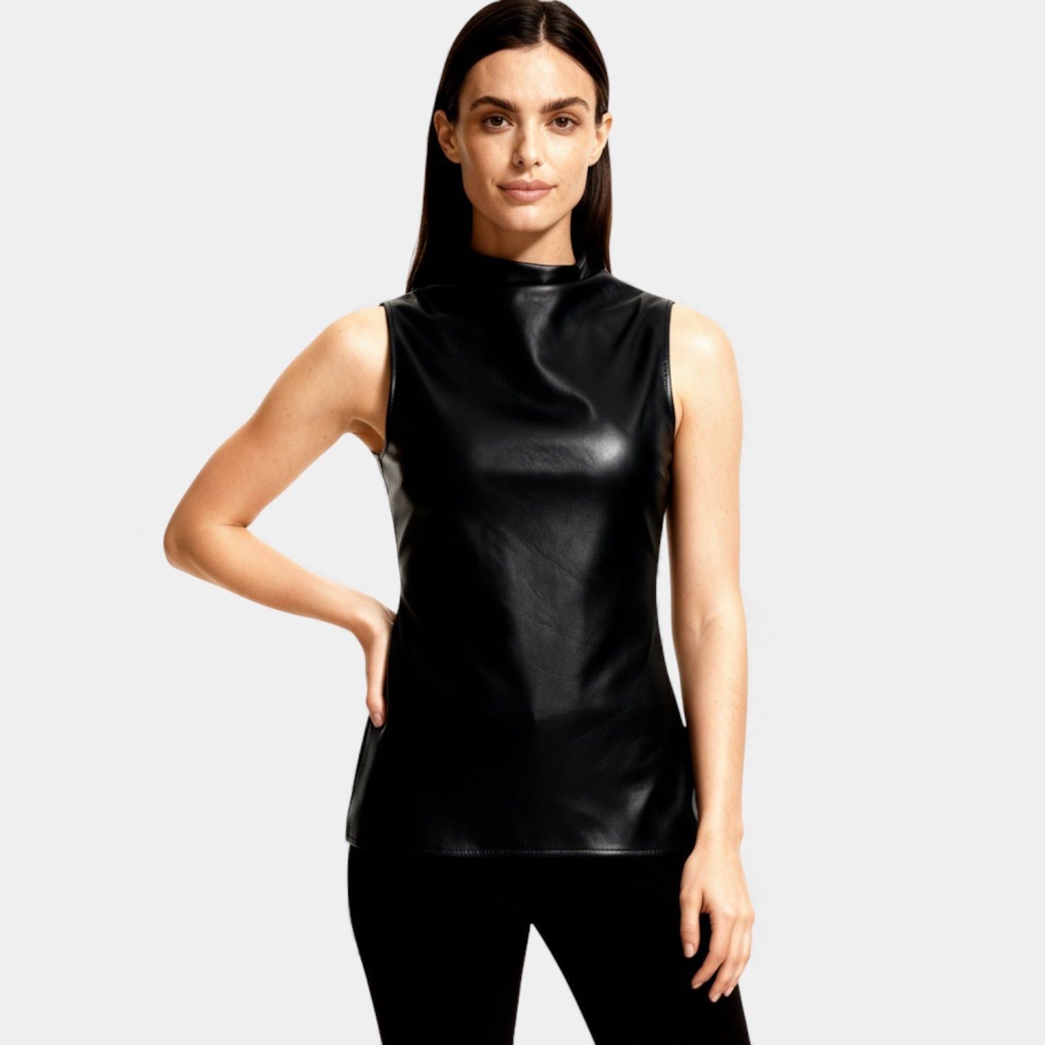 Top sans manches en simili cuir à col montant