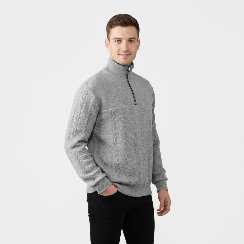 Pull homme en laine mérinos à maille torsadée et zip demi-longueur