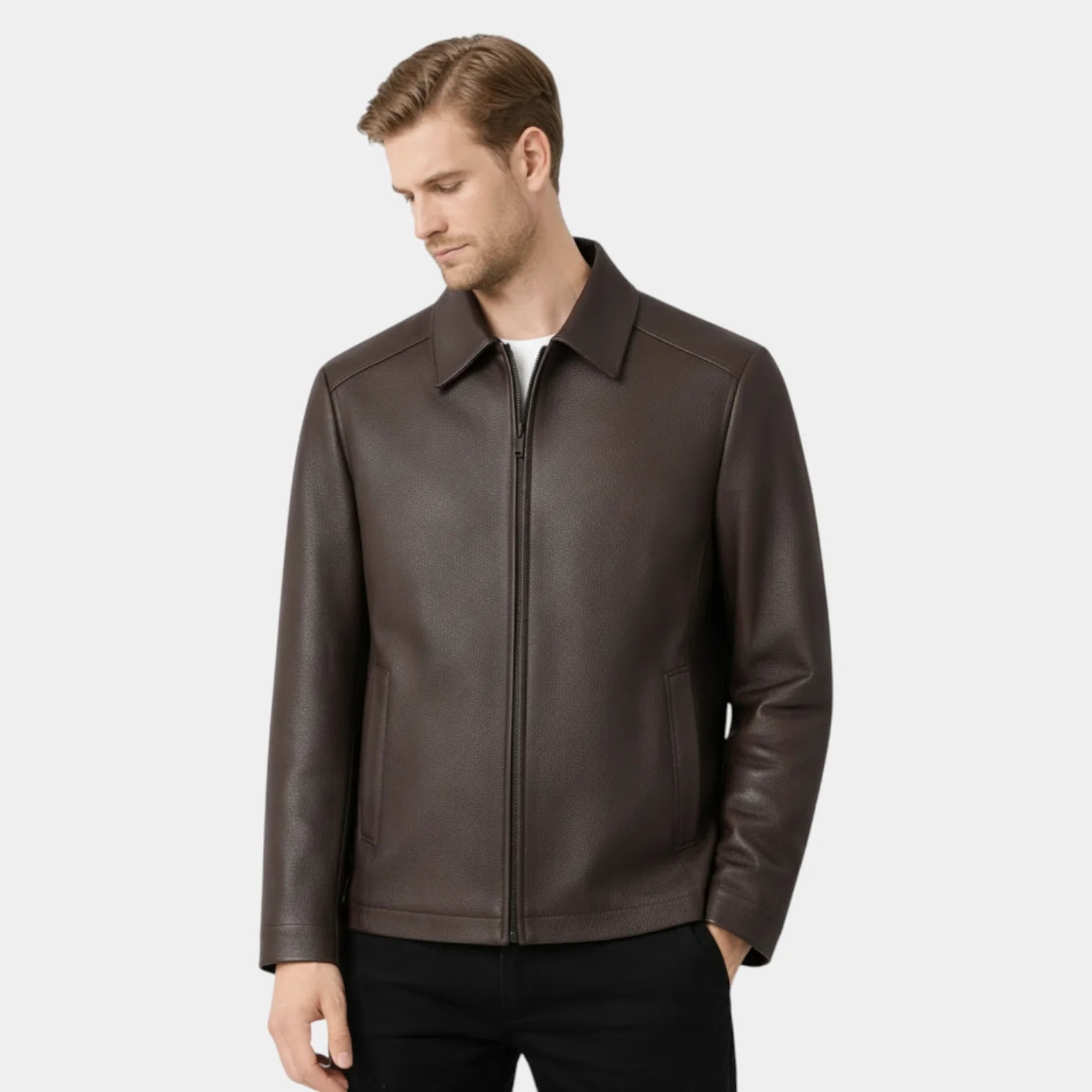 Veste zippée en simili cuir pour homme à col polo