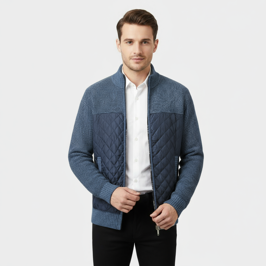 Veste hybride matelassée en tricot pour homme – veste zippée en nylon et tricot marbré