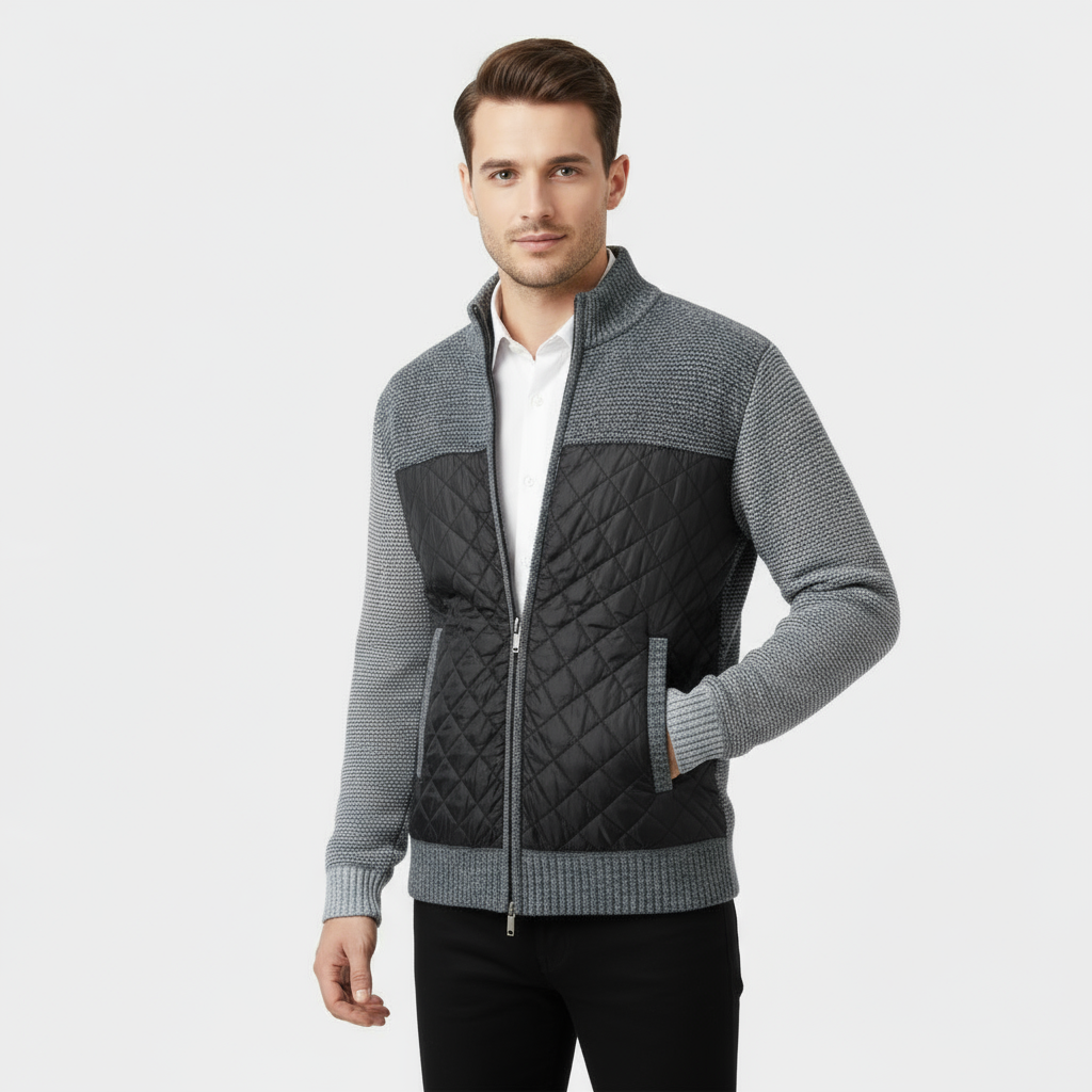 Veste hybride matelassée en tricot pour homme – veste zippée en nylon et tricot marbré