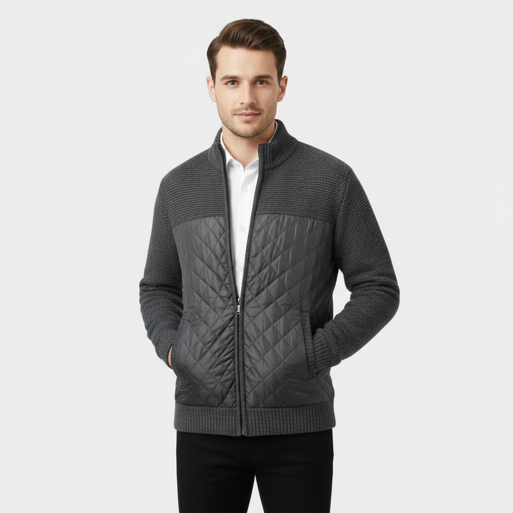 Veste hybride matelassée en tricot pour homme – veste zippée en nylon et tricot marbré