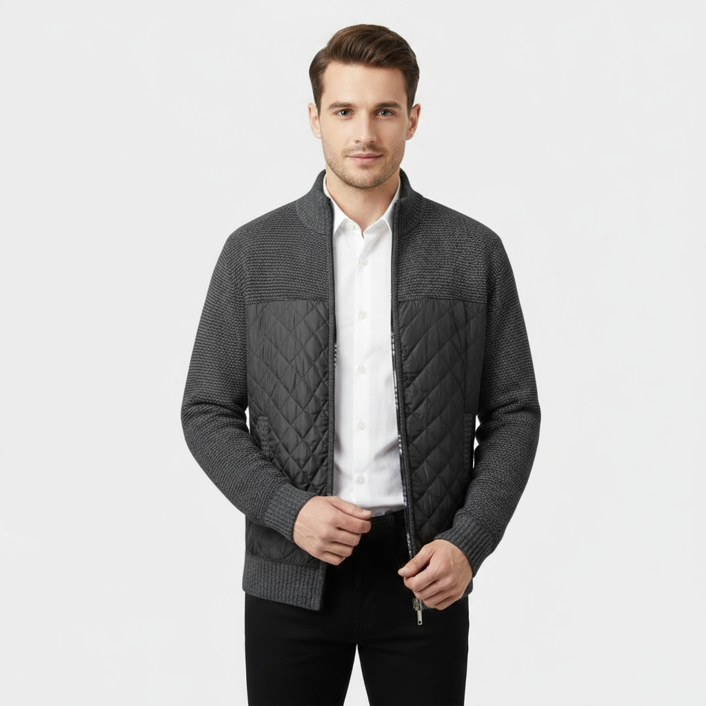 Veste hybride matelassée en tricot pour homme – veste zippée en nylon et tricot marbré