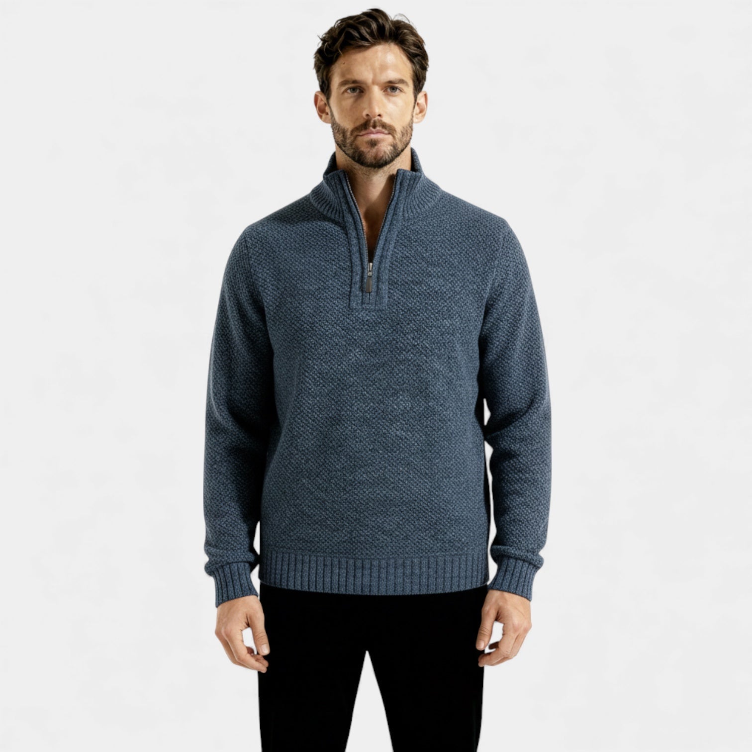 Pull homme en polaire texturée tricotée à fermeture éclair 1/4 — col montant