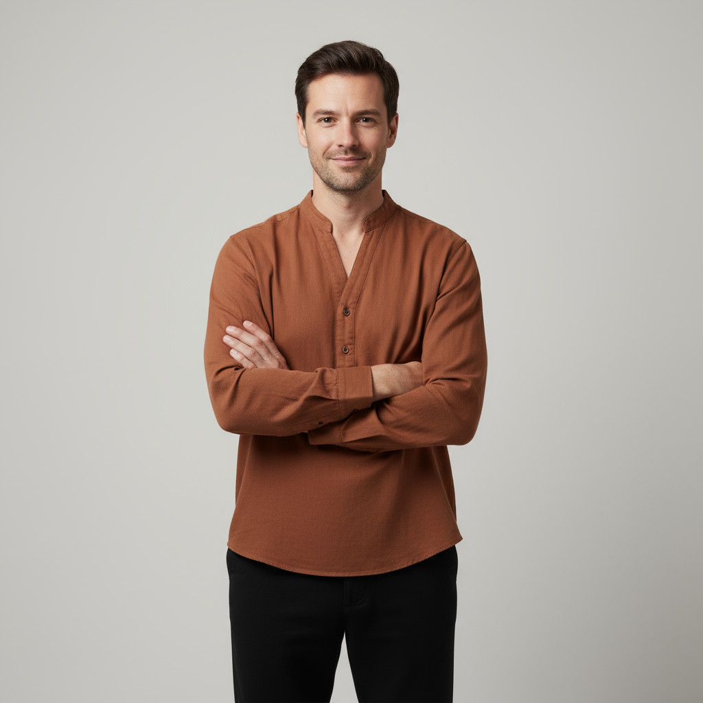 Chemise en lin pour homme - style grand-père, manches longues légères