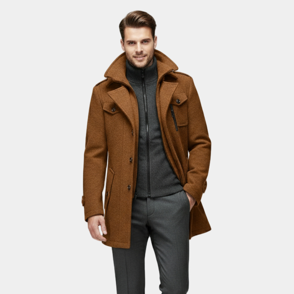 Manteau d'hiver en laine mélangée pour homme – pardessus boutonné à coupe ajustée