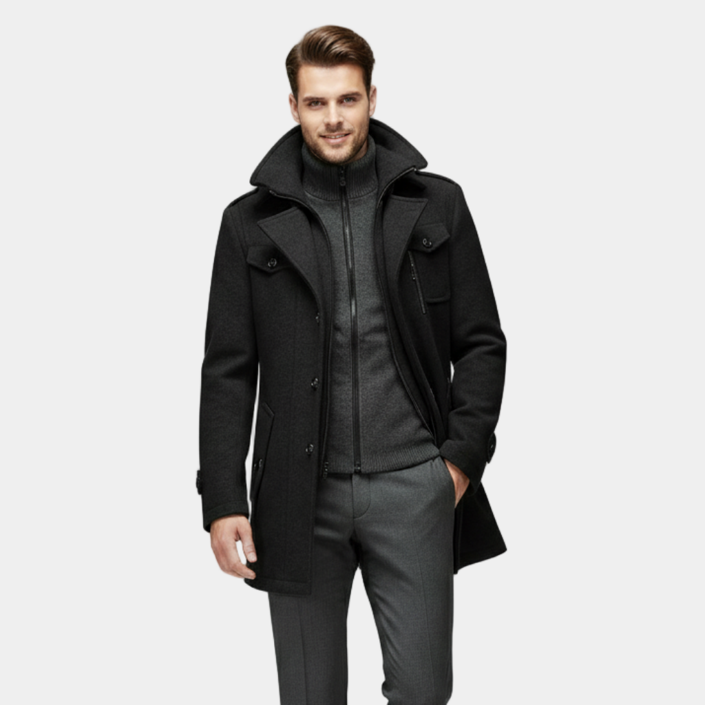 Manteau d'hiver en laine mélangée pour homme – pardessus boutonné à coupe ajustée